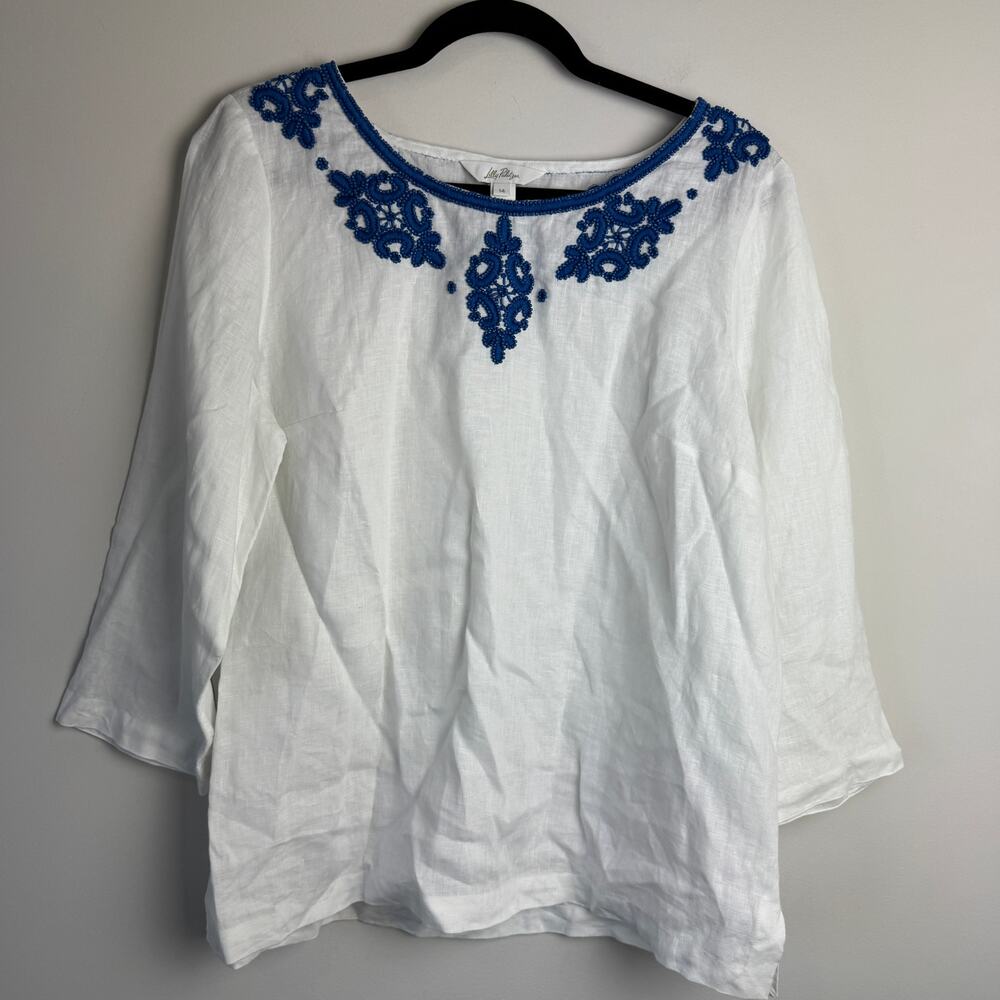 Lilly Pulitzer Elyn Beaded 3/4 Sleeve Oversized Linen Tunic top Large
